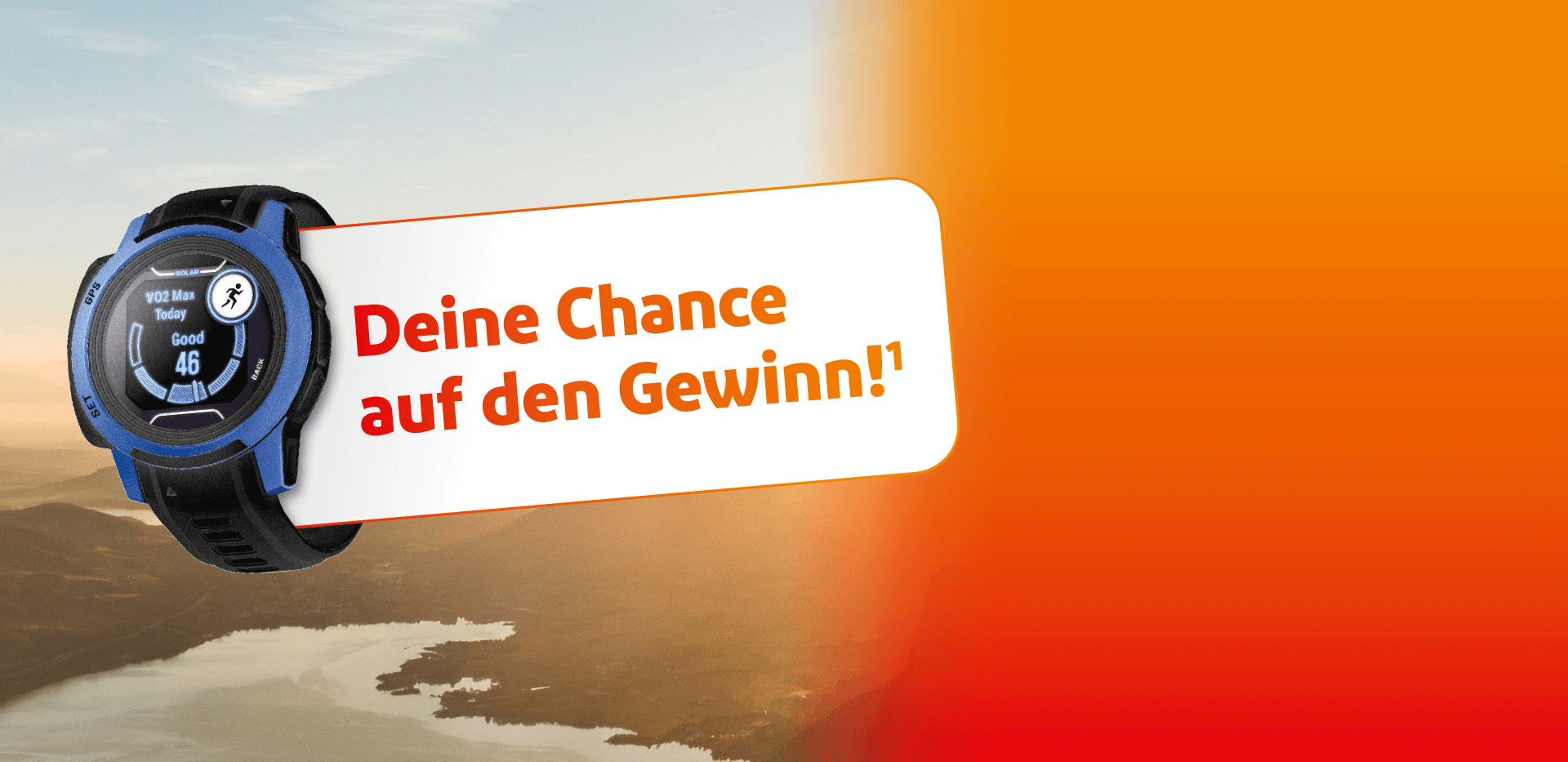 Sportuhr vor Berg- und Seenlandschaft und aufgehender Sonne mit Störertext: Deine Chance auf den Gewinn!