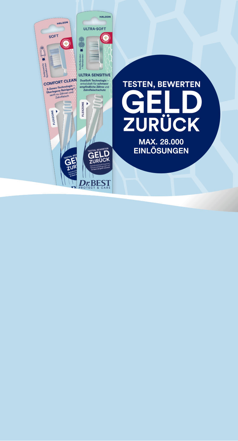 Aktionsbild mit zwei Aktions-Zahnbürsten von Dr.Best. Ein Störer mit der Aufschrift „Testen, Bewerten, Geld zurück. Maximal 28000 Einlösungen“